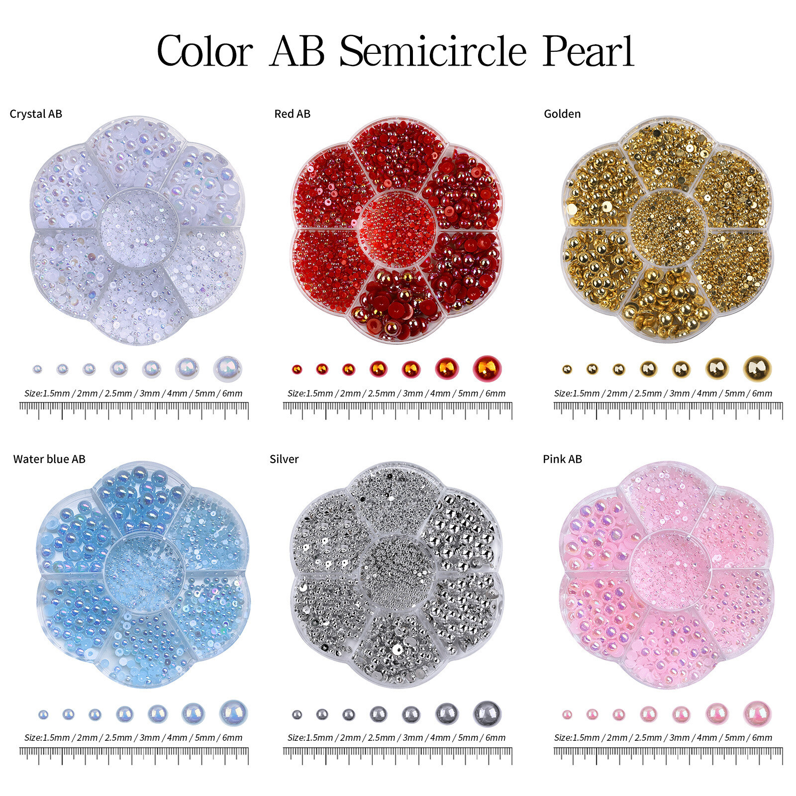7 Grid Box 1.5mm-6mm Half Round Pearl Nail Rhinestones 3D Nail Art Design