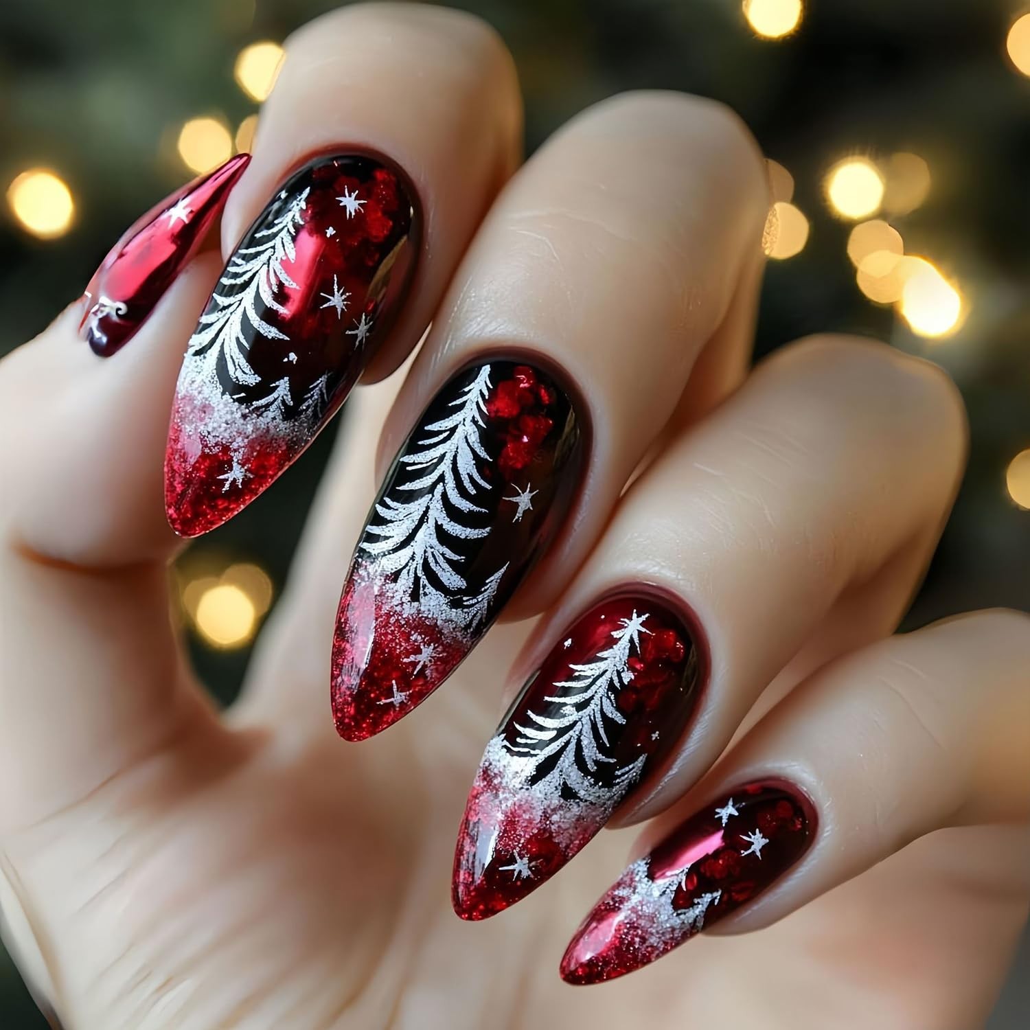 Christmas Press on Nails Medium Almond Fake Nails with Christmas Tree Designs…