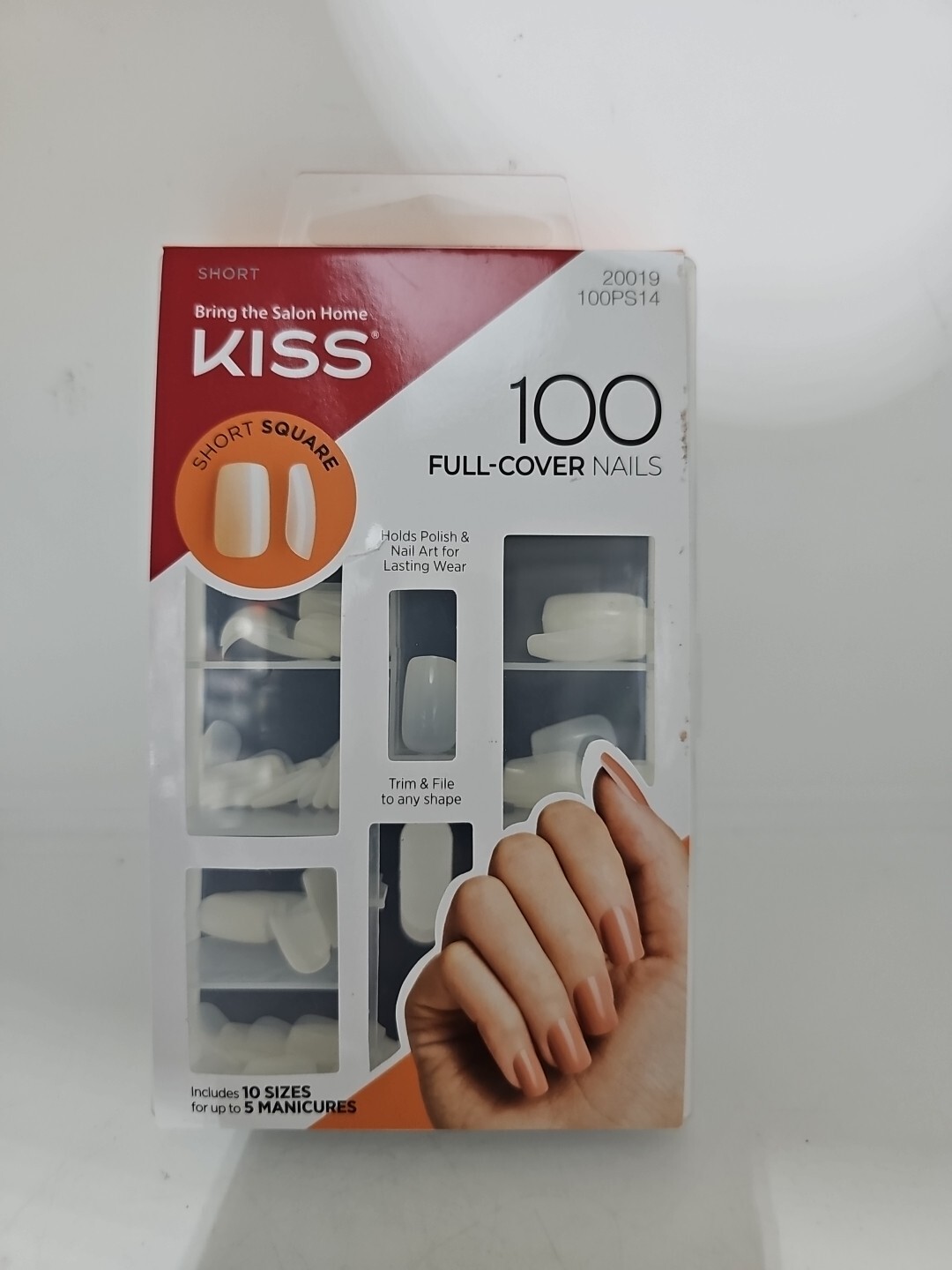 KISS 100 Full Cover Nails Kit Square Short Length 10 Sizes for 5 Manicures