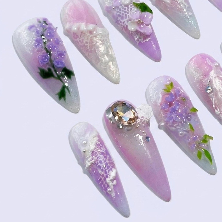Custom Pure Handmade Nails Wisteria Lace Pearl Rhinestone Wedding Manicure