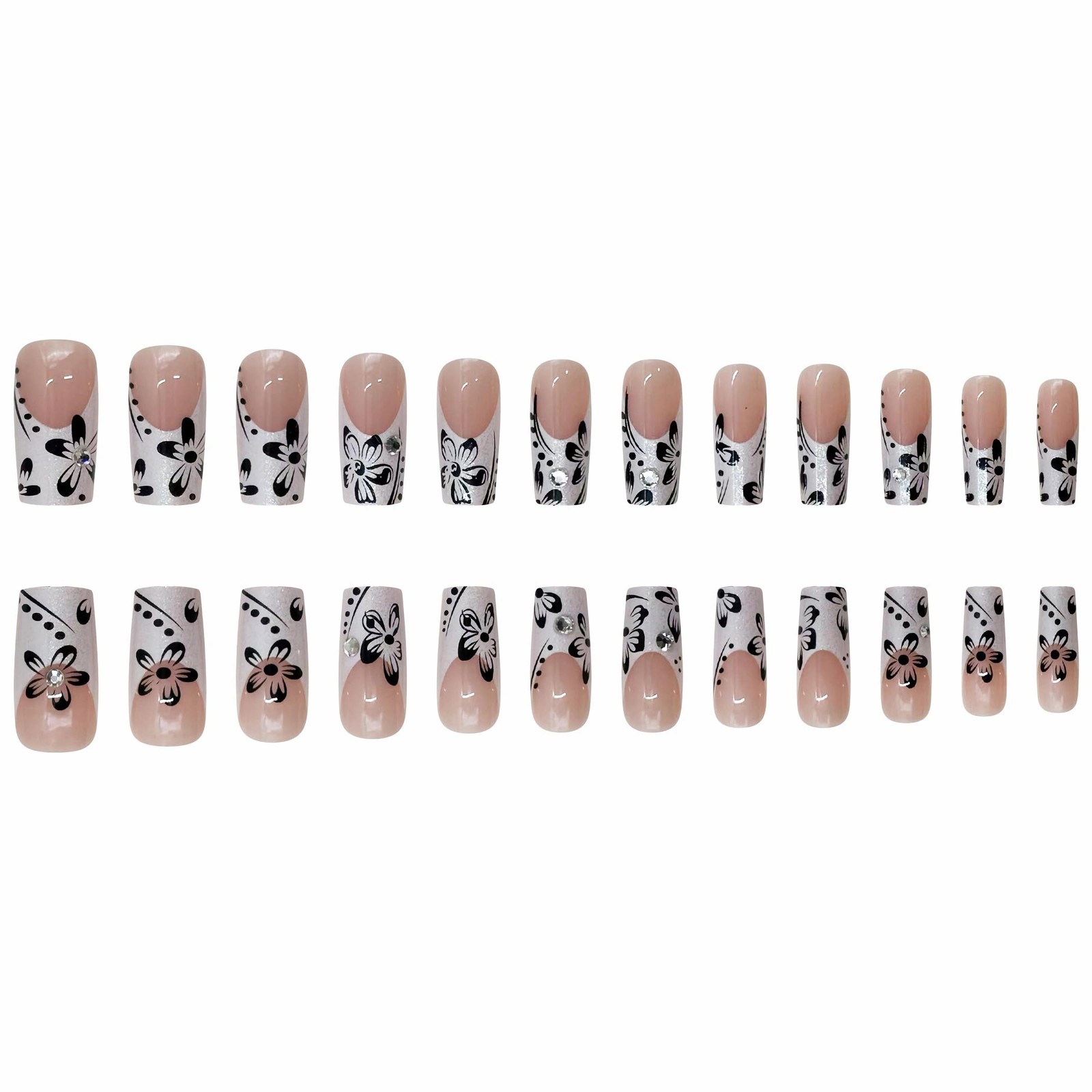 Long Square Press on Nails White Glitter French Tip Fake Nail Flower Print Gl…