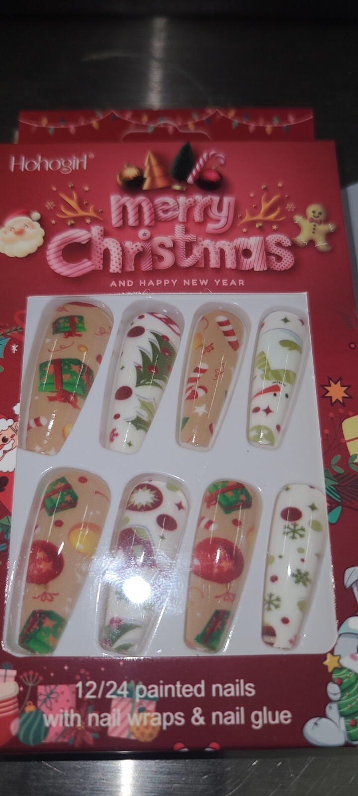 Christmas Press on Nails Medium Coffin Fake Nails with Christmas Tree Design Gli