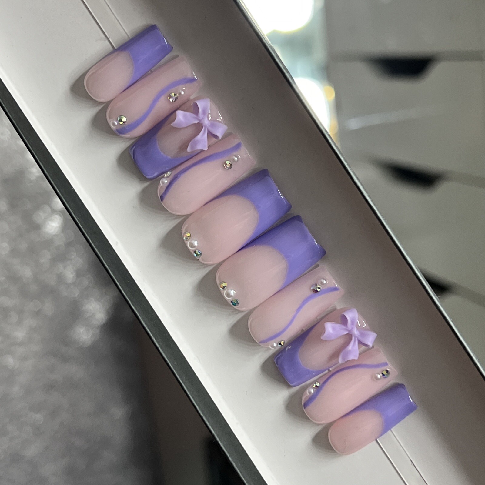 💜 CUSTOM Press On Nails FRENCH PURPLE W BOW PEARLS BLING 10p SET W Kit