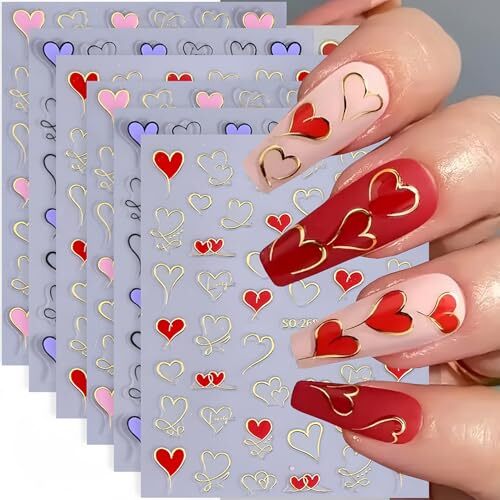 Heart Nail Art Stickers 6 Sheets Valentine’s Day Nail Decals 3D Self Adhesive