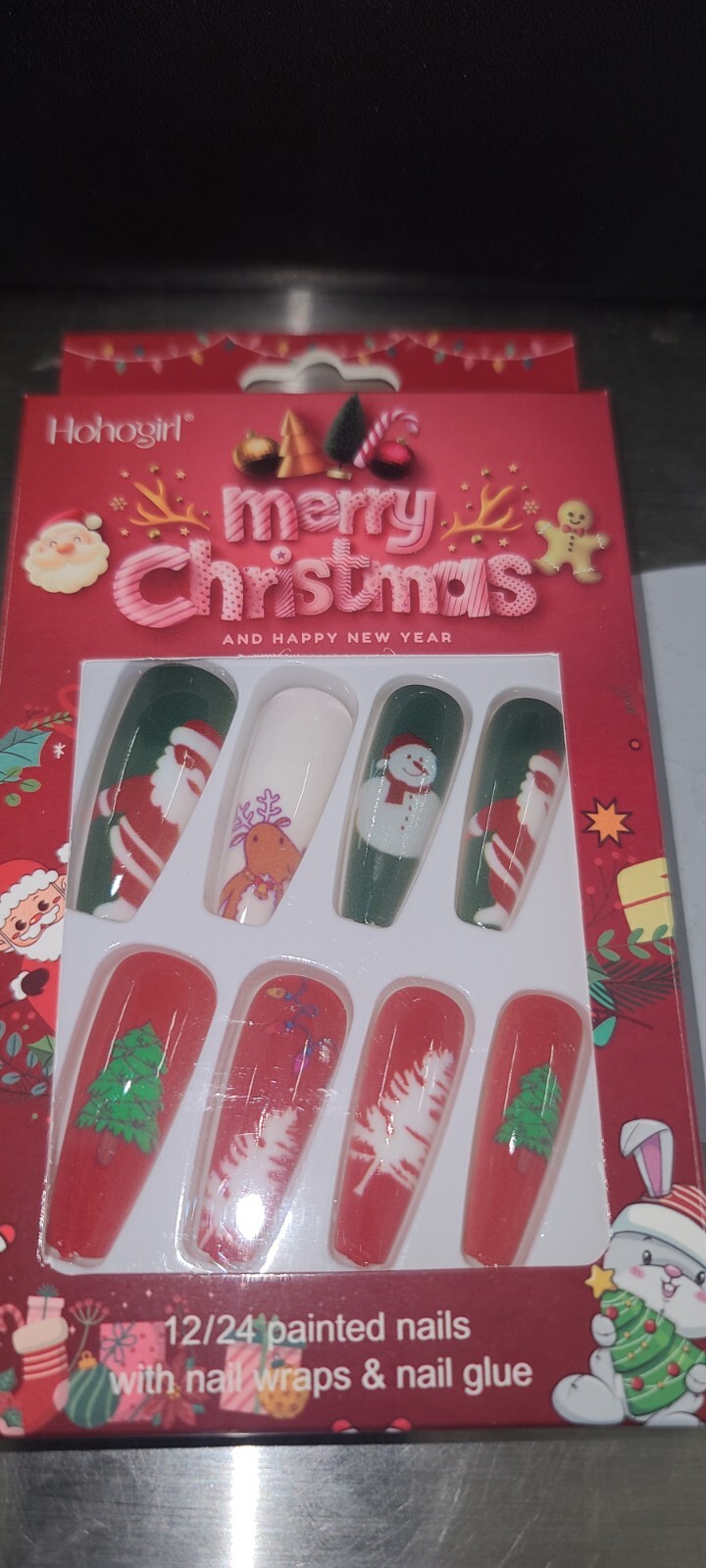 Christmas Press on Nails Medium Coffin Fake Nails with Christmas Tree Design Gli