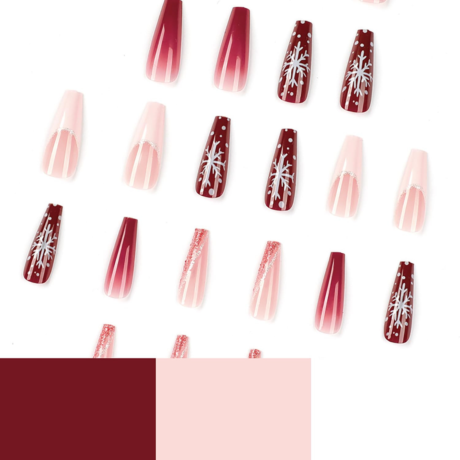 Christmas Artificial Fake Nails, Press on Nails Square Long Length, 24Pcs Glossy