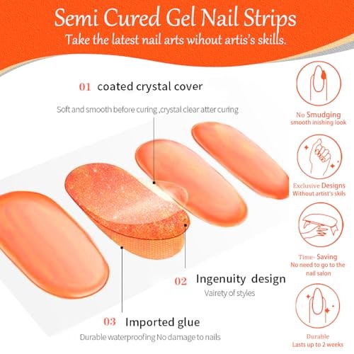 1 Sheet 24pcs Halloween Luminous Semi Cured Gel Nail Strips, Sticky Design 4