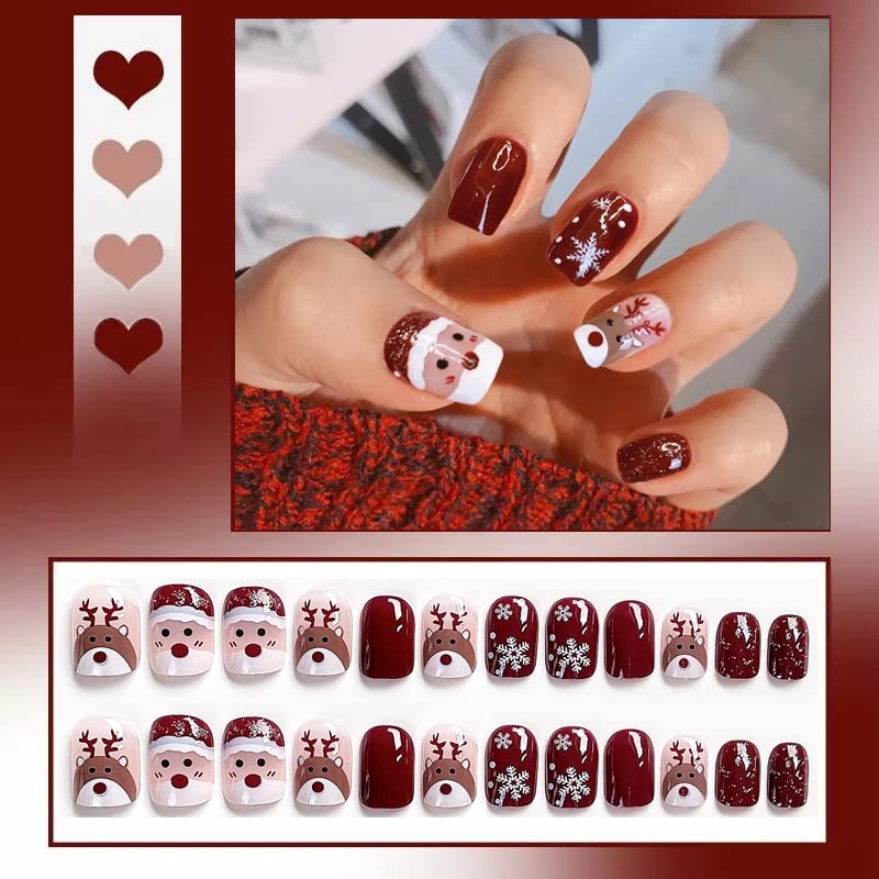 Christmas Short Square Press on Nail Snowflake Red Fake Nails Glitter Elk Sno…