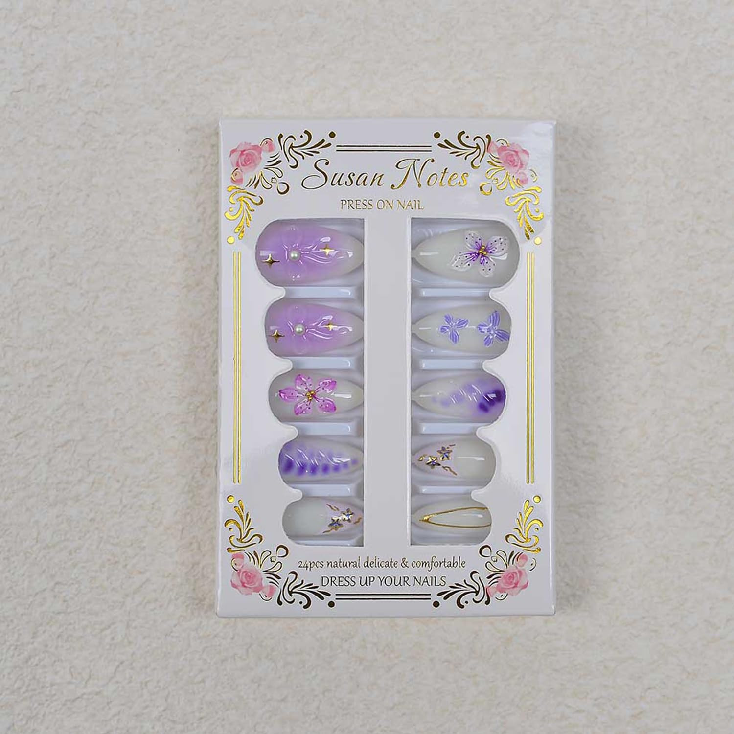 24Pcs Gradient Purple Flower Press on Nails Medium Almond Fake Nails with Floral