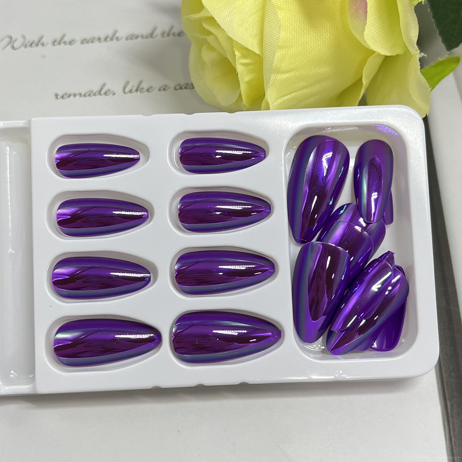 Purple Chrome Press on Nails Medium Almond Fake Nails Purple Metallic Mirror Fal