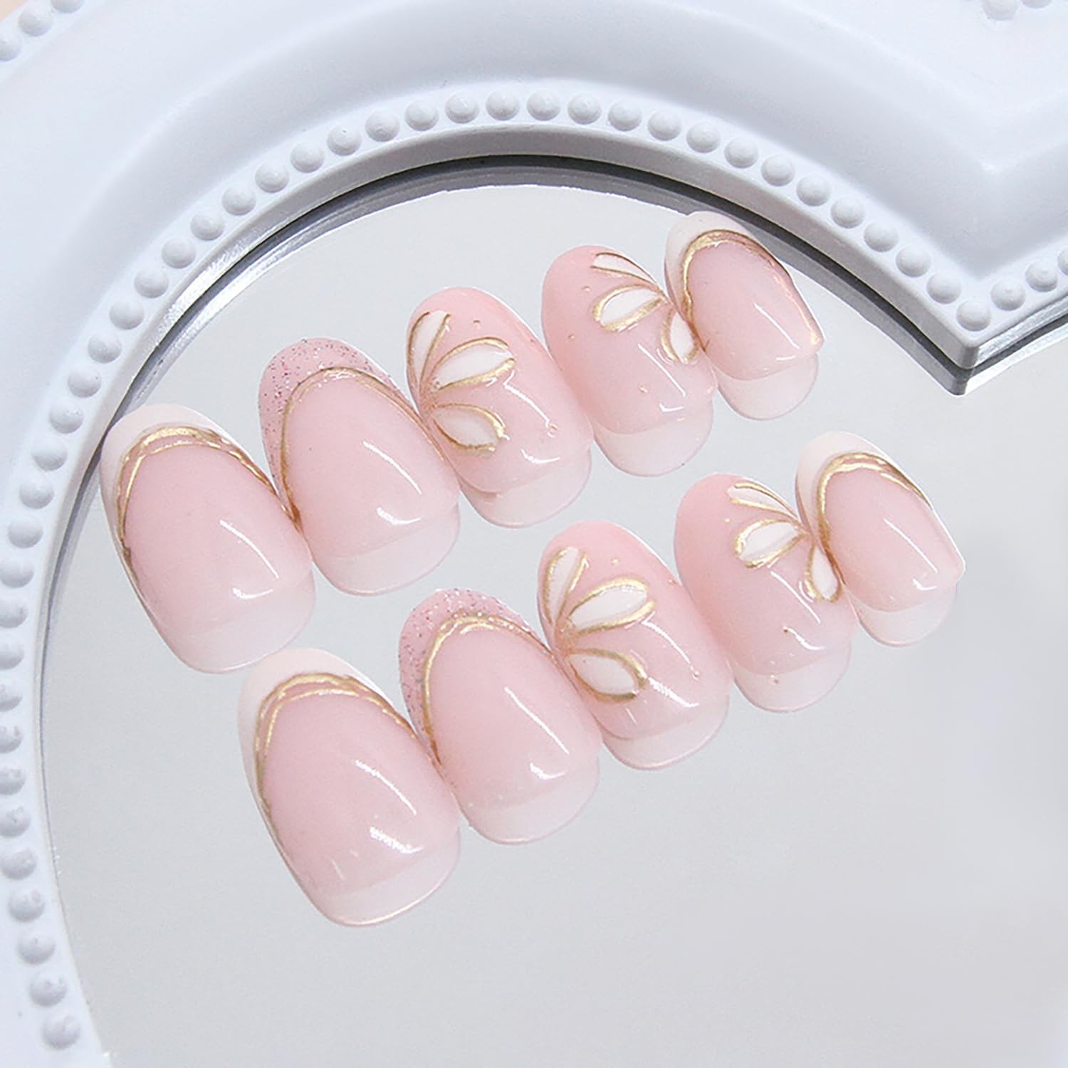24Pcs Almond Press on Nails French Tip Fake Nails Flower Glue on Nails Medium…