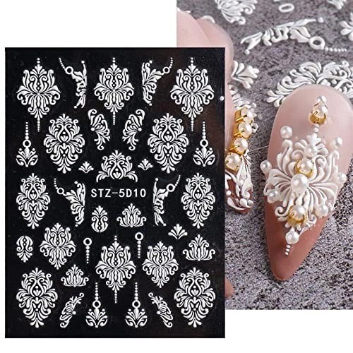 White Flower Nail Art Stickers Decals 5D Hollow Nail Stickers White Lace Rose