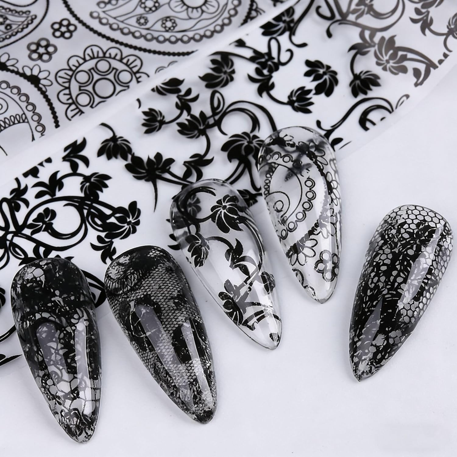 Lace Nail Foil Sheets, 10 Rolls Black White Flower Nail Foils Transfer Nail Art