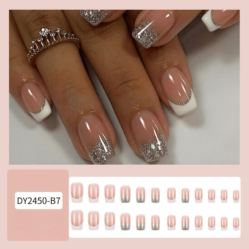48pcs Short Square Press on Nails, Nude White French Silver Glitter Ombre Nails