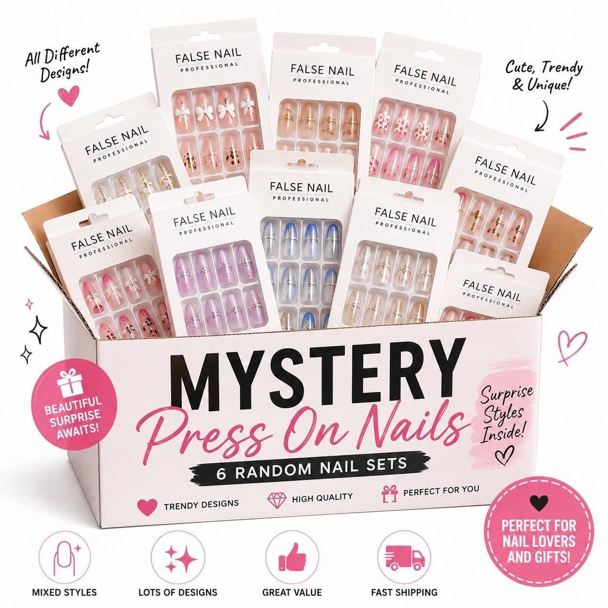 Mystery Press On Nails Box/ Bag 6 Random Nail Sets | Cute Mixed Styles