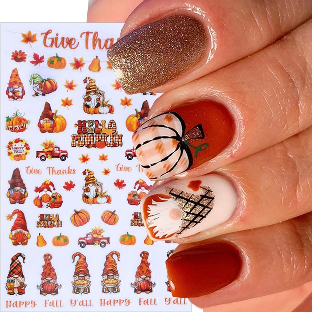 6 Sheet Thanksgiving Turkey Nail Stickers for Art 5D Embossed Orange