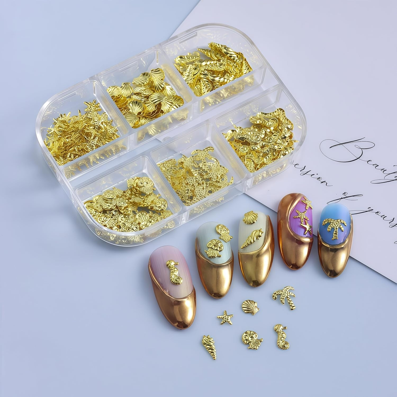 2 Boxes Summer Gold Silver Seashell Seahorse Nail Charms 3D Beach Nail Charms Se