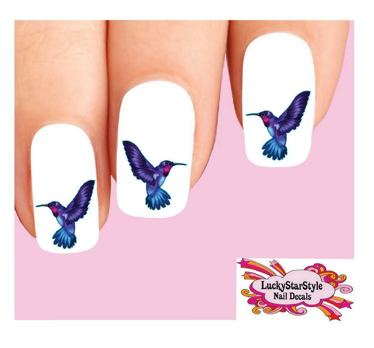 Waterslide Nail Decals Set of 20 – Purple and Blue Ruby Throated Hummingbird