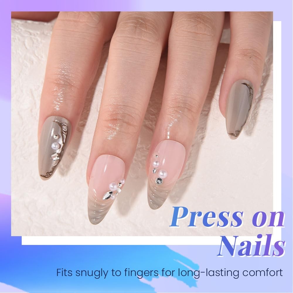 evpct Nude Pink Short Almond 3D Wave Pearl Press on Nails