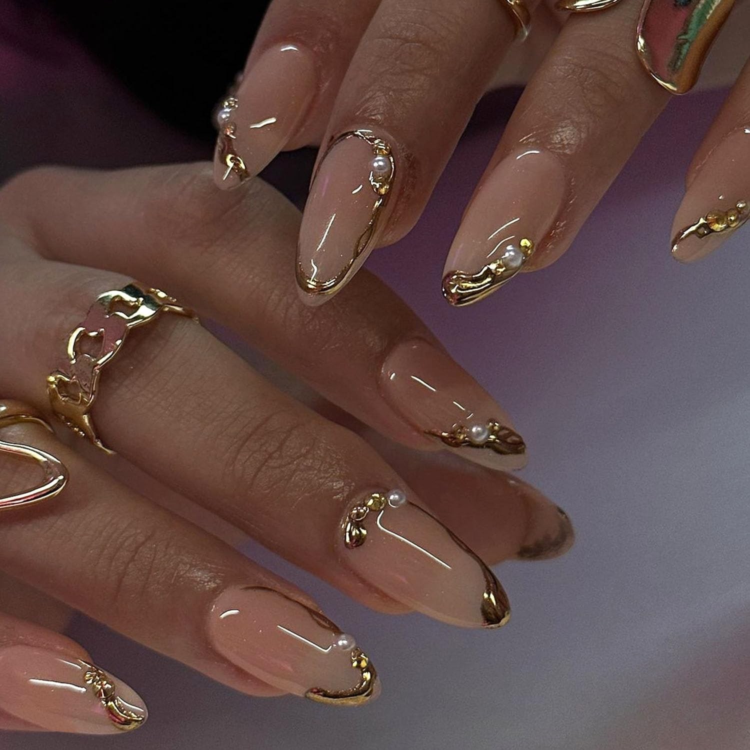 Almond Press on Nails Medium Glue Gold French Fake Medium, Gold-2