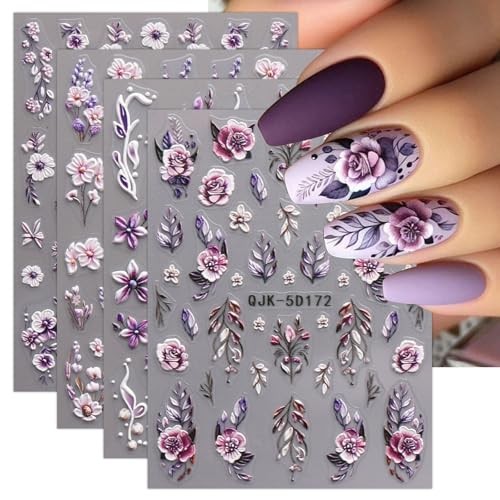 3D Embossed Flower Nail Art Stickers Decals Self-Adhesive 5D Spring Summer