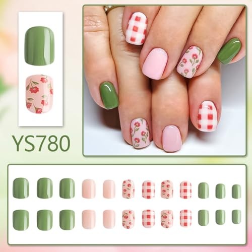 Spring Summer Short Square Press on Nails Red Flowers & Checker Design Style-31