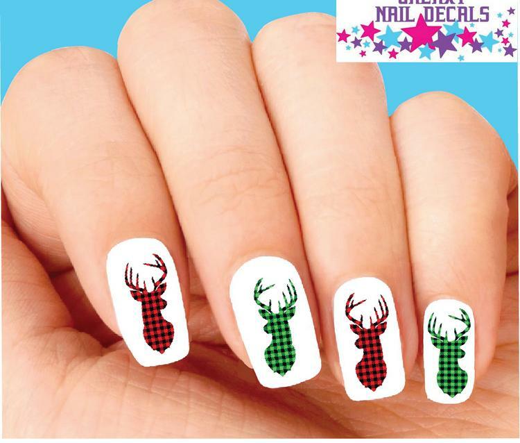 Waterslide Nail Decals – Set of 20 Christmas Holiday Plaid Deer Assorted