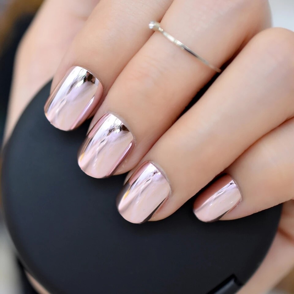 Light Pink Chrome Press On Nails Short Mirror Silver metallic GLUE ON