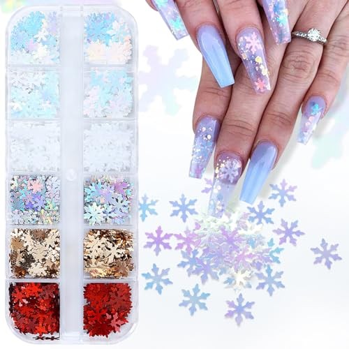 Christmas Snowflake Glitter Nail Sequins, 12 Grids 3D Colorful Mixed Color A