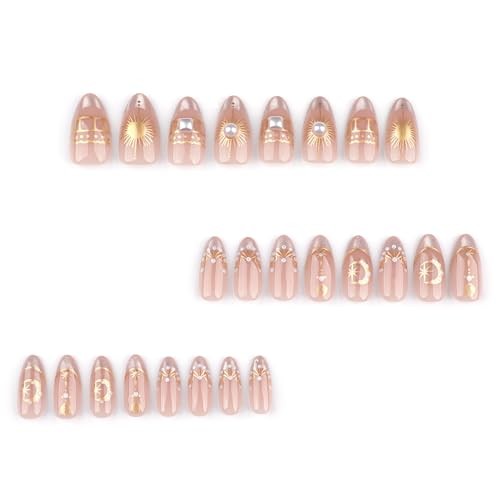 Silver Glitter French Press On Nails 24pcs, Nude Almond 40-Sun Moon and Stars