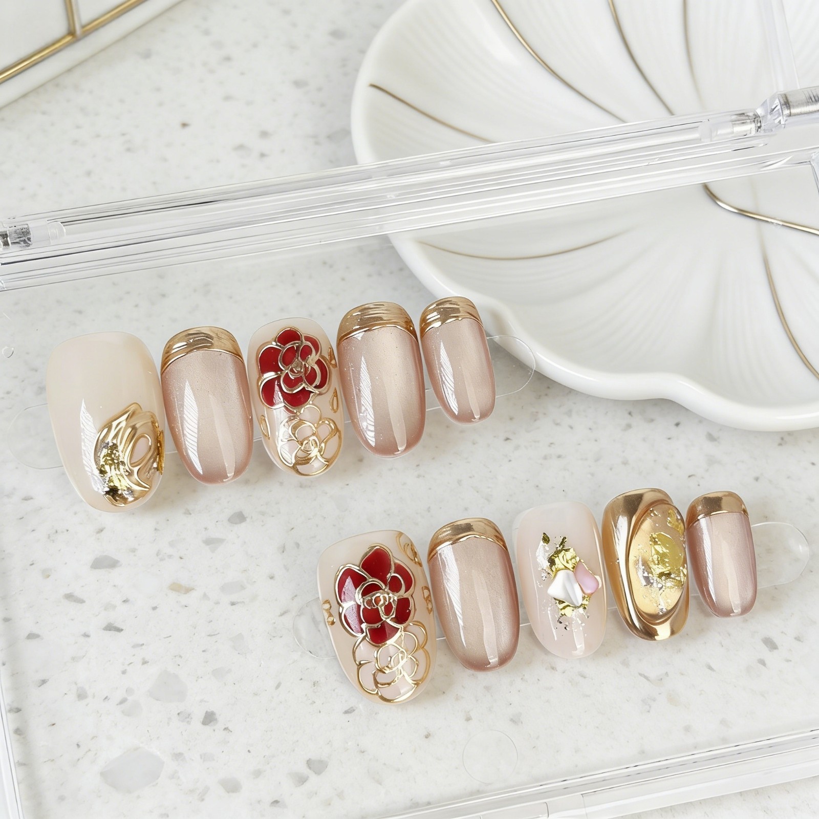 Nude Pink Floral Press On Nails Oval Gold Foil Handmade Elegant Set Gift For Her