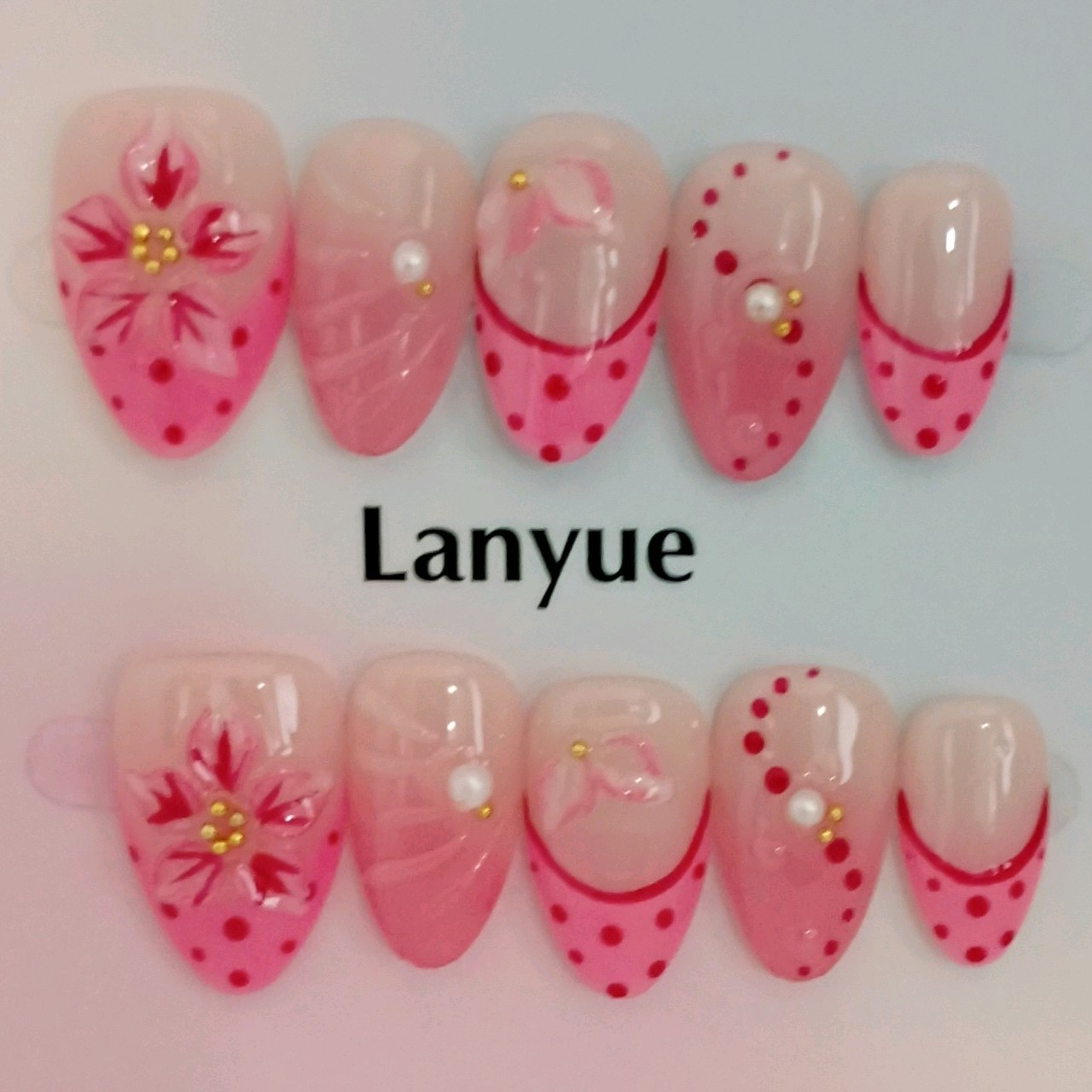 Press-On Nails Pink White Red 3D Floral Polka Dot Almond Short, Size M