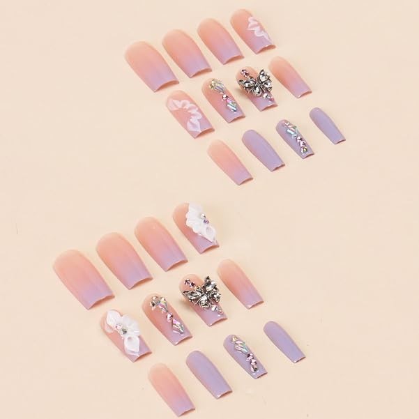 Uñas Postizas decoradas Acrílicas Falsas 24pack Colores French Butterfly