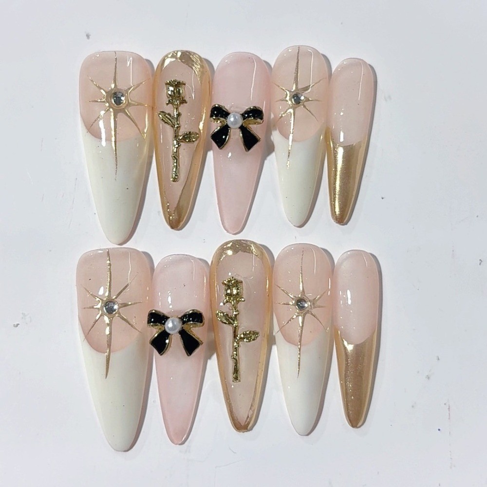 10pcs Pink White Press on Nails Mirror Rose Bow Rhinestone Almond Fake Tips