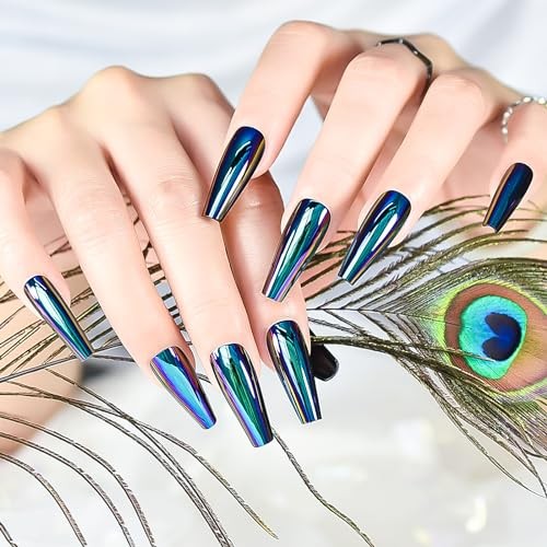 Blue Chrome Press On Nails Metallic Mirror Coffin Aurora Fake Nails Extra Long