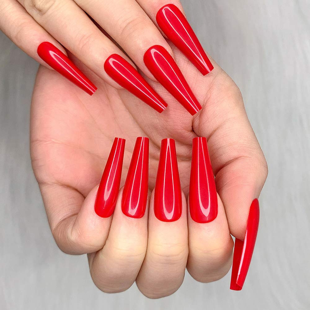 24pcs Red Coffin Press On Nails Long Glossy Fake Nails Manicure Set Acrylic Tips