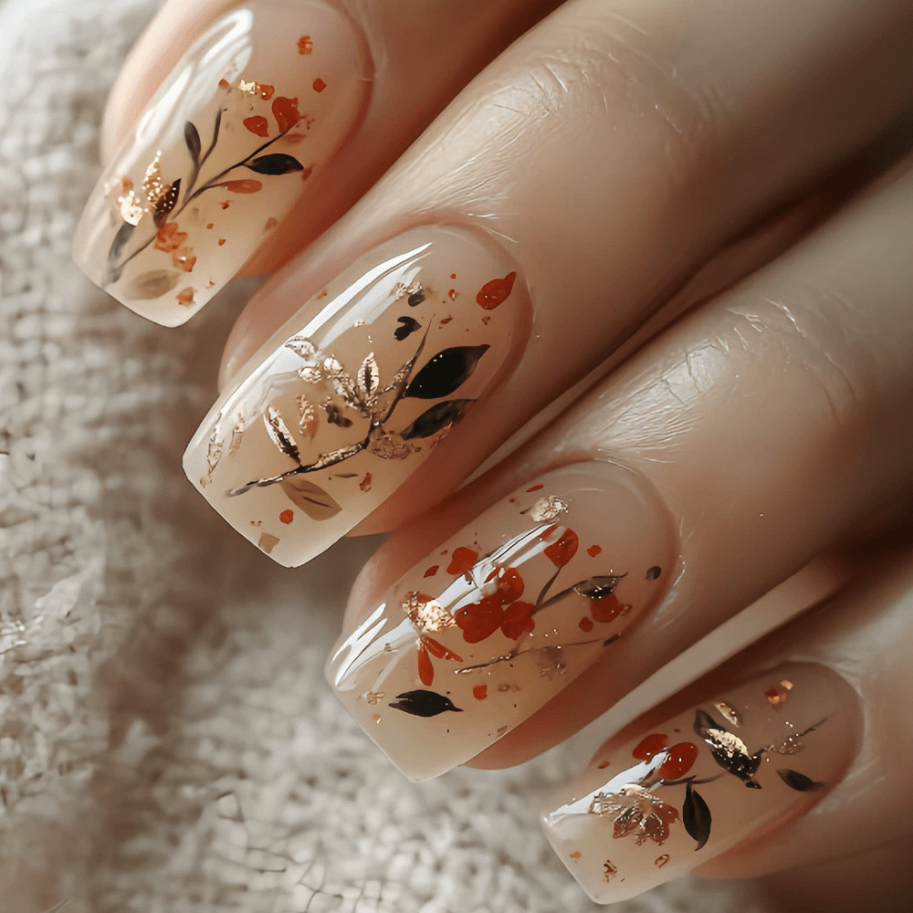 48pcs Fall Press-on Nails Autumn Leaves Pumpkin Warm Brown Glitter Fall Nails
