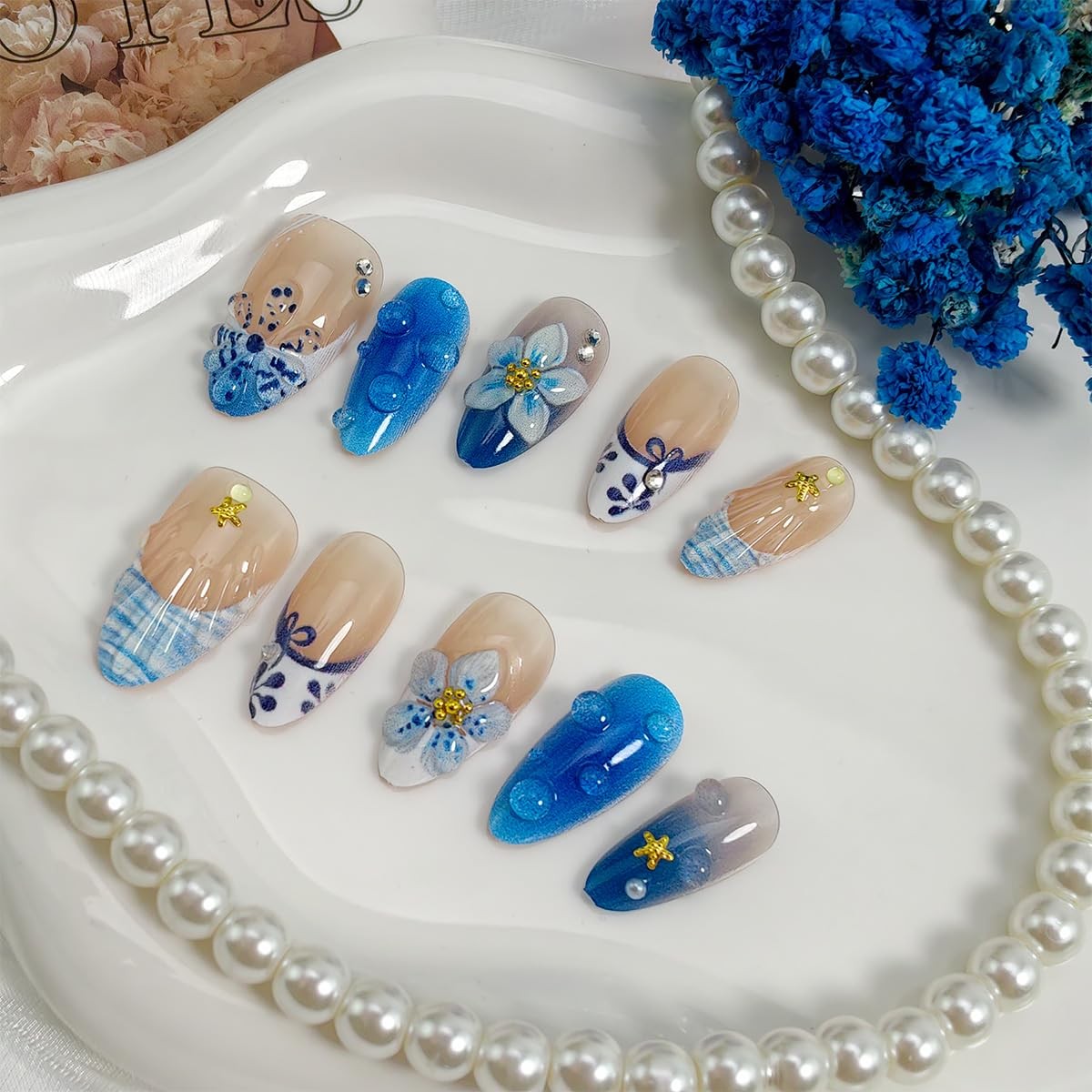 BMKKOT Blue Flower Starfish Almond Press On Nails