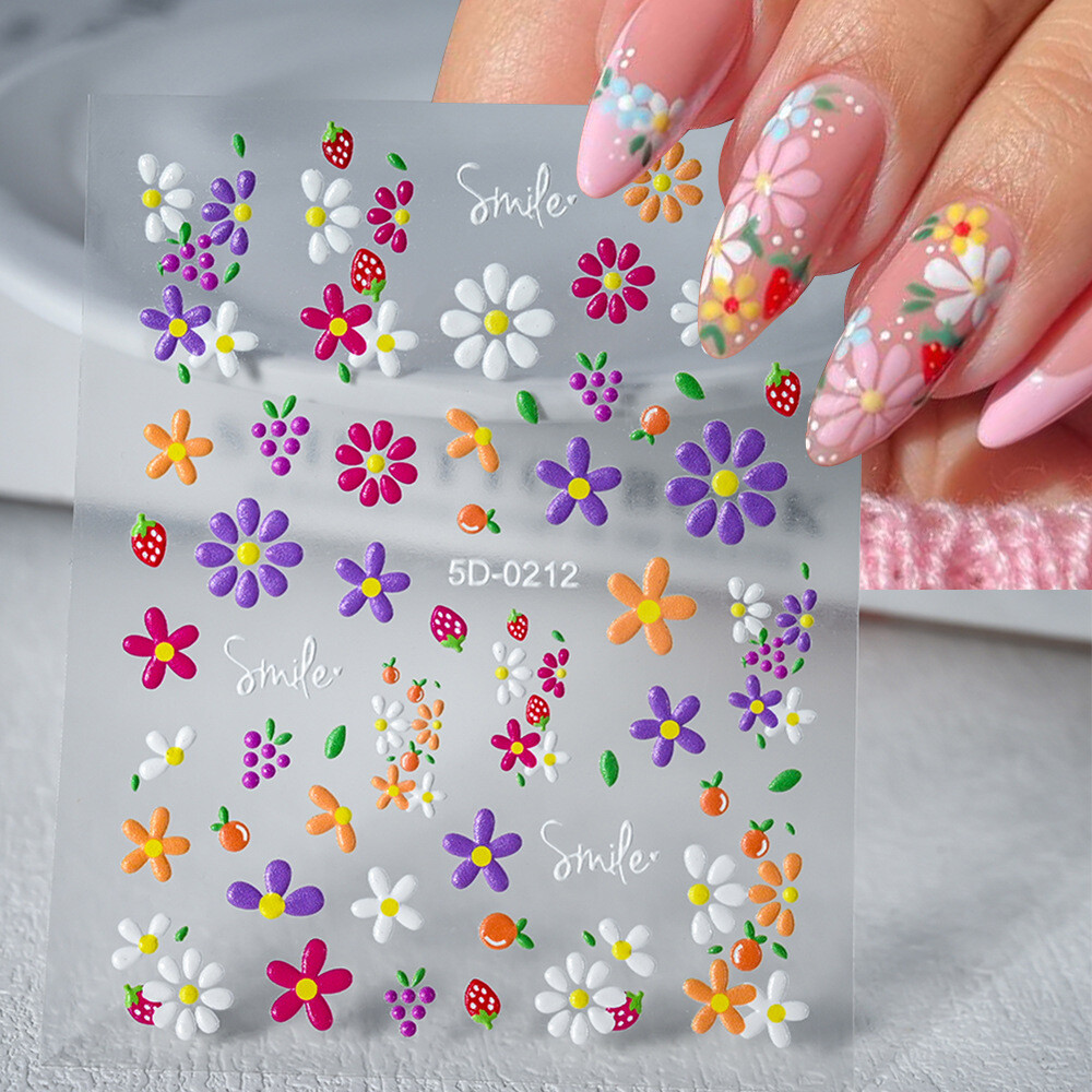 5D Embossed Nail Stickers Daisy Heart Flower Bow Engraved Adhesive Peel NH27