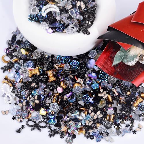 850 Pieces 3D Butterfly Rose Flower Bow Rabbit Bear Nail Charms Kit with Black