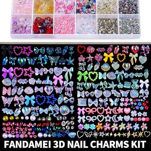 FAMDAMEI 24 Grid Nail Charms, white pink flower/colorful bow/sequin/clear pearl