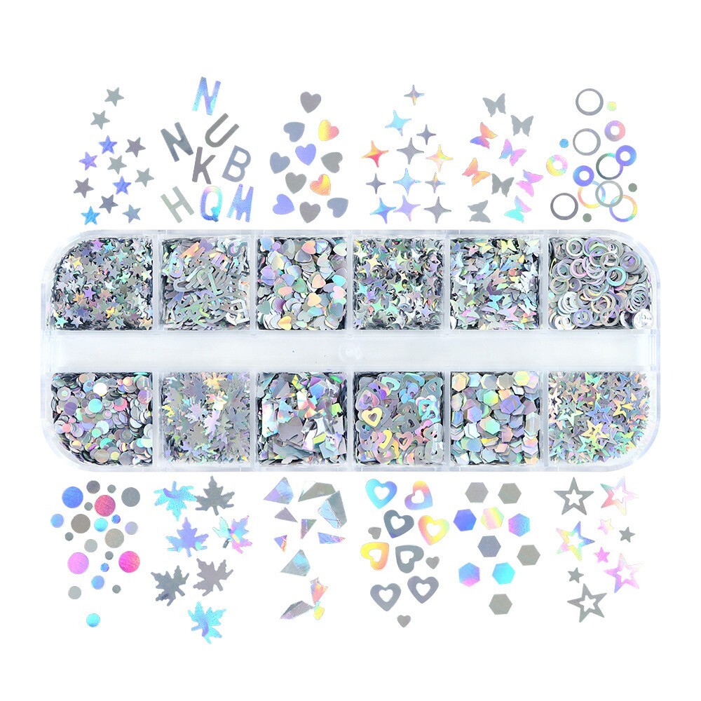 12 Grids Mixed Nail Art Sequins Laser Silver Love Star Glitter Flakes For DIY