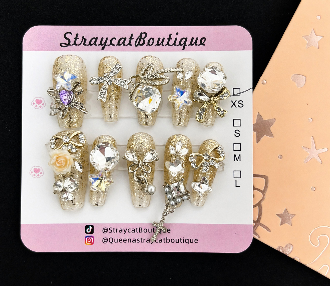 Straycat Boutique Gold Rhinestone Press On Nails 3D Bow Crystal Glam Bridal XS