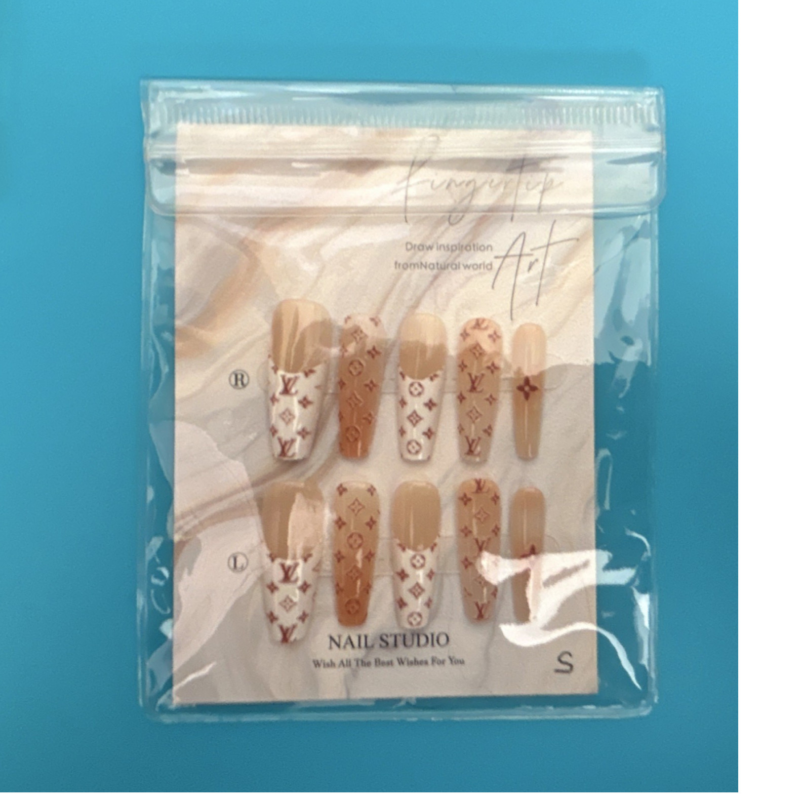 Logo Theme Square Press-On Nails, Medium, Beige/White/Brown, Glossy