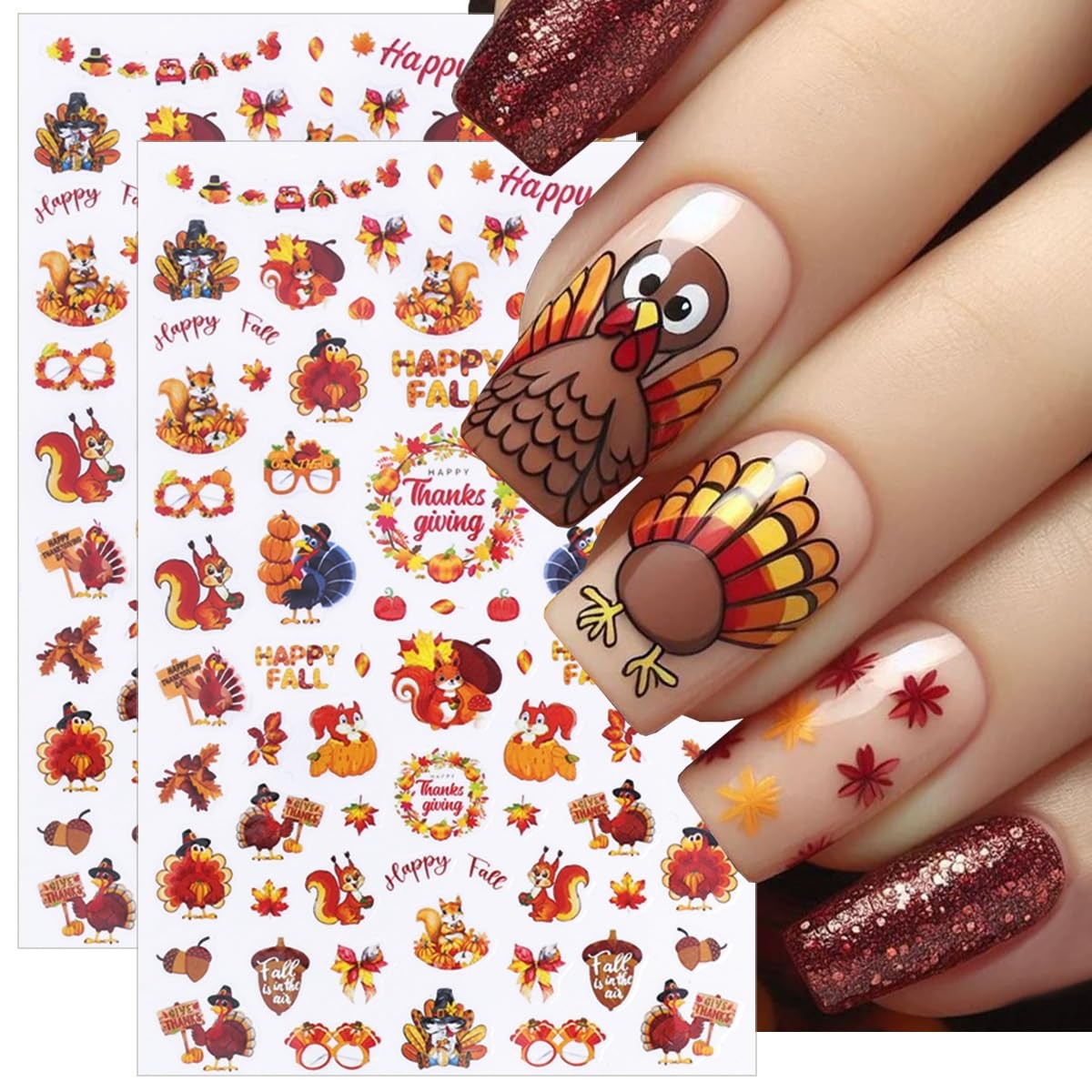 6 Sheet Thanksgiving Turkey Nail Stickers for Art 5D Embossed Orange