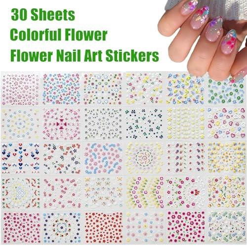 30Sheets Flower Nail Art Stickers Spring Summer Nail Stickers for Colorful