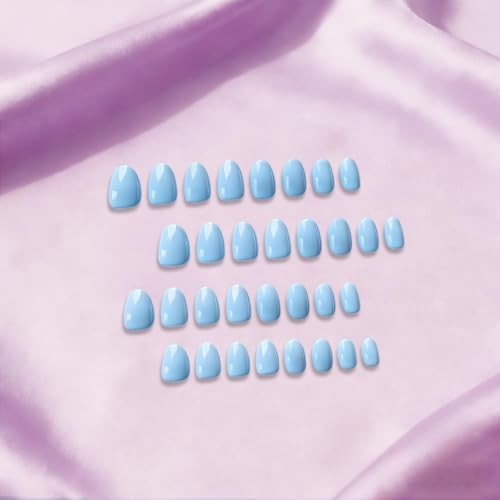 Pastel Soft Blue Press on Nails – Oval – 32 Pcs – 16 Sizes – Gel Fake