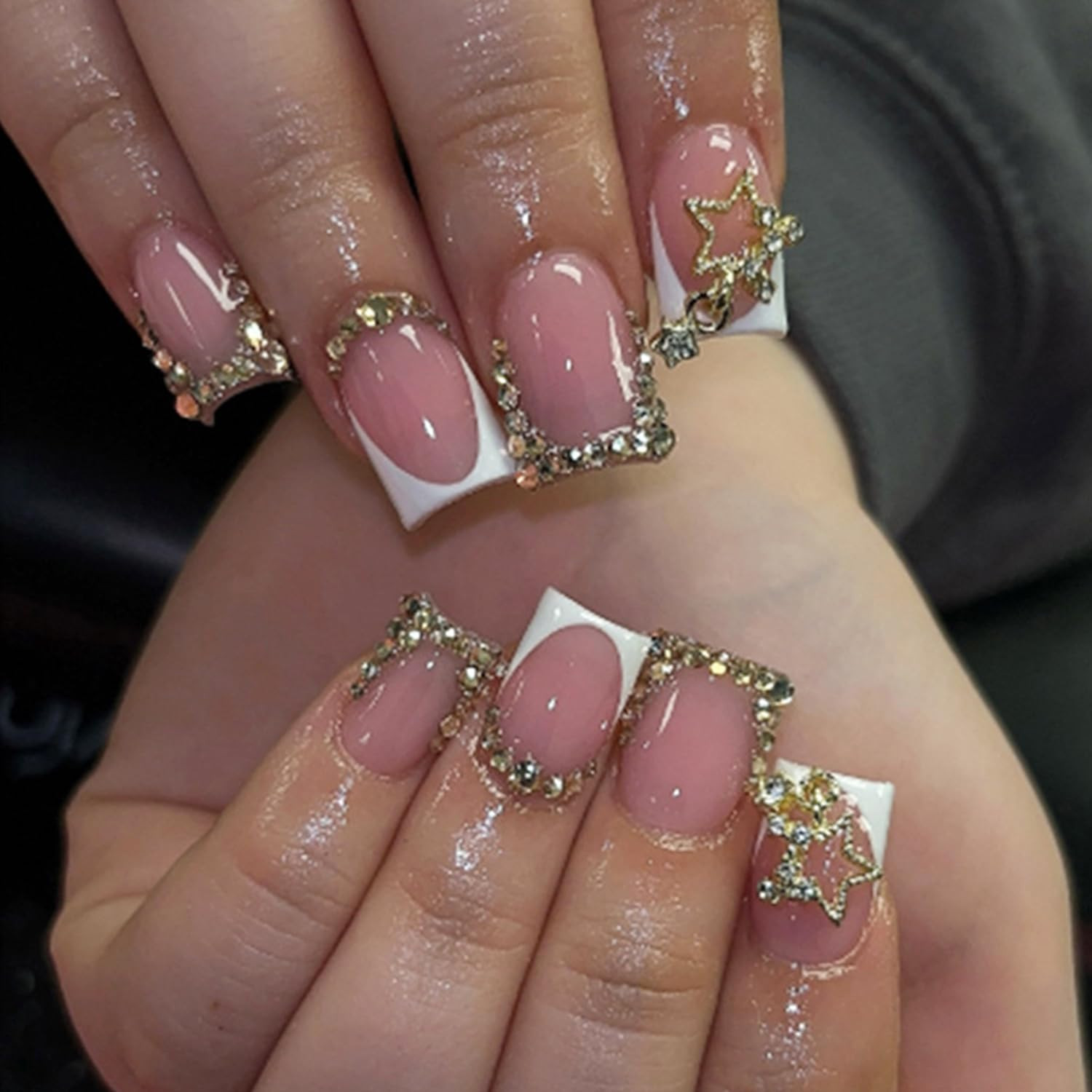 Summer Press on Nails Medium Coffin Fake Nails Summer Ocean False Nail with Star
