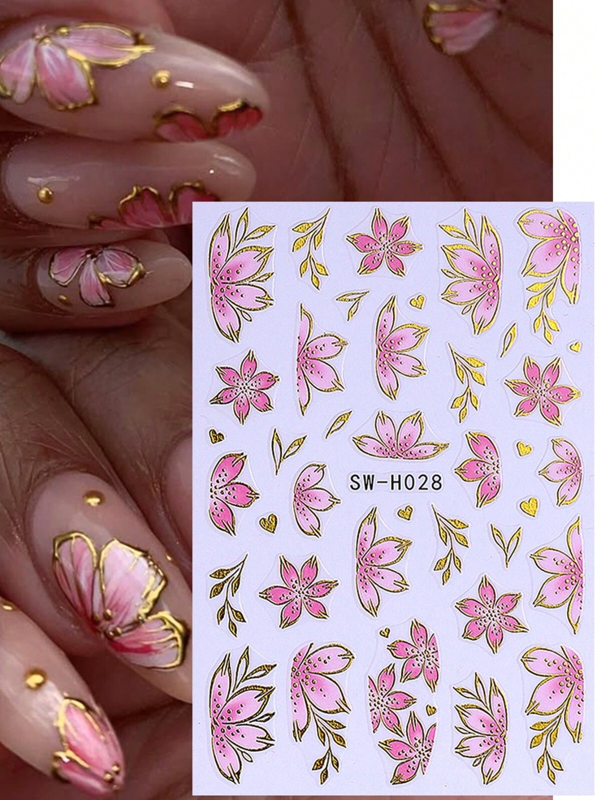 2 PCS Summer Spring Pink Flower Nail Art Stickers Nail Decals, Cute Nail Sticker