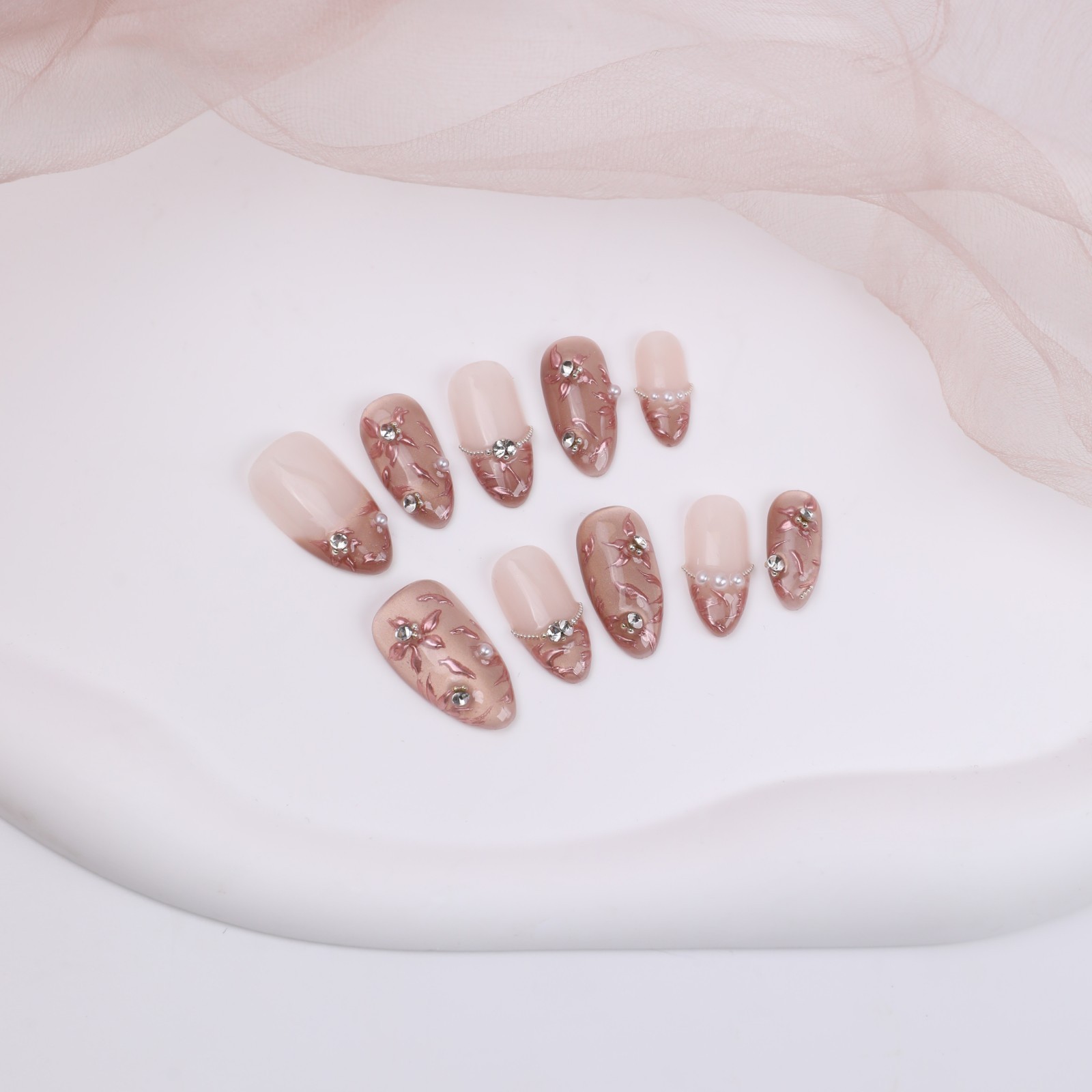 Press On Nails Medium Almond Nude Pink Floral Pearl Rhinestone Wedding Nail Set